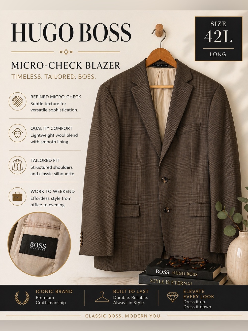 Hugo Boss Brown Micro-Check Blazer Size 42L Wool Sport Coat